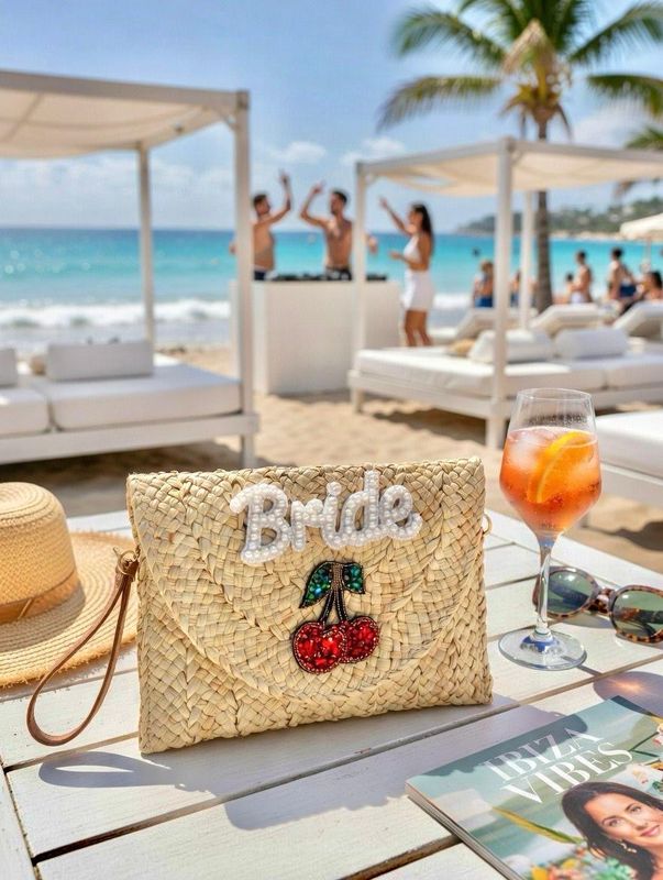 Personalised Straw Embellished Bride Hen Do Honeymoon Beach Clutch Beaded
