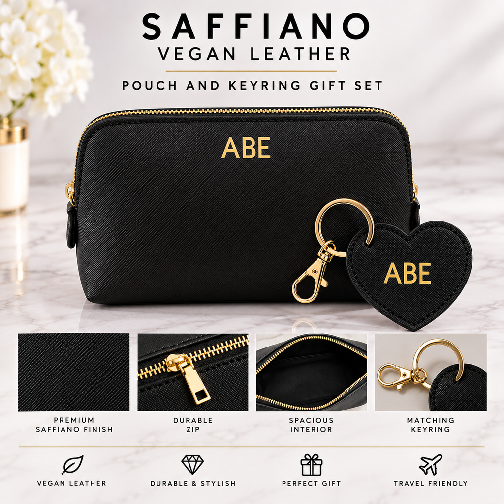Gift Set Saffiano Vegan Leather Personalised Pouch & Keyring