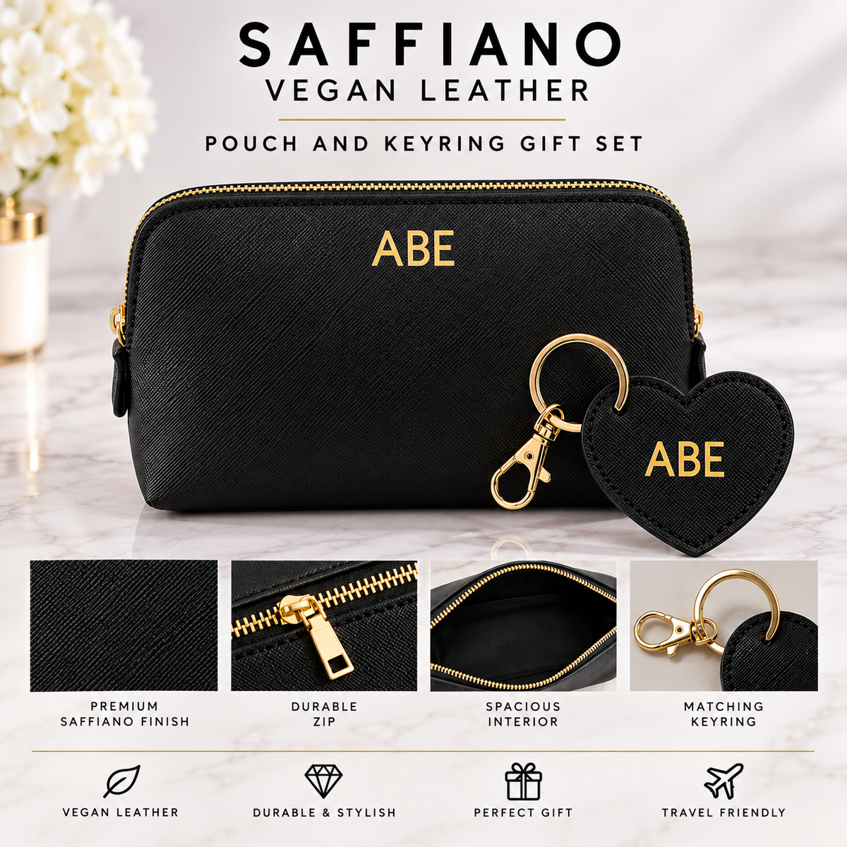 Gift Set Saffiano Vegan Leather Personalised Pouch & Keyring