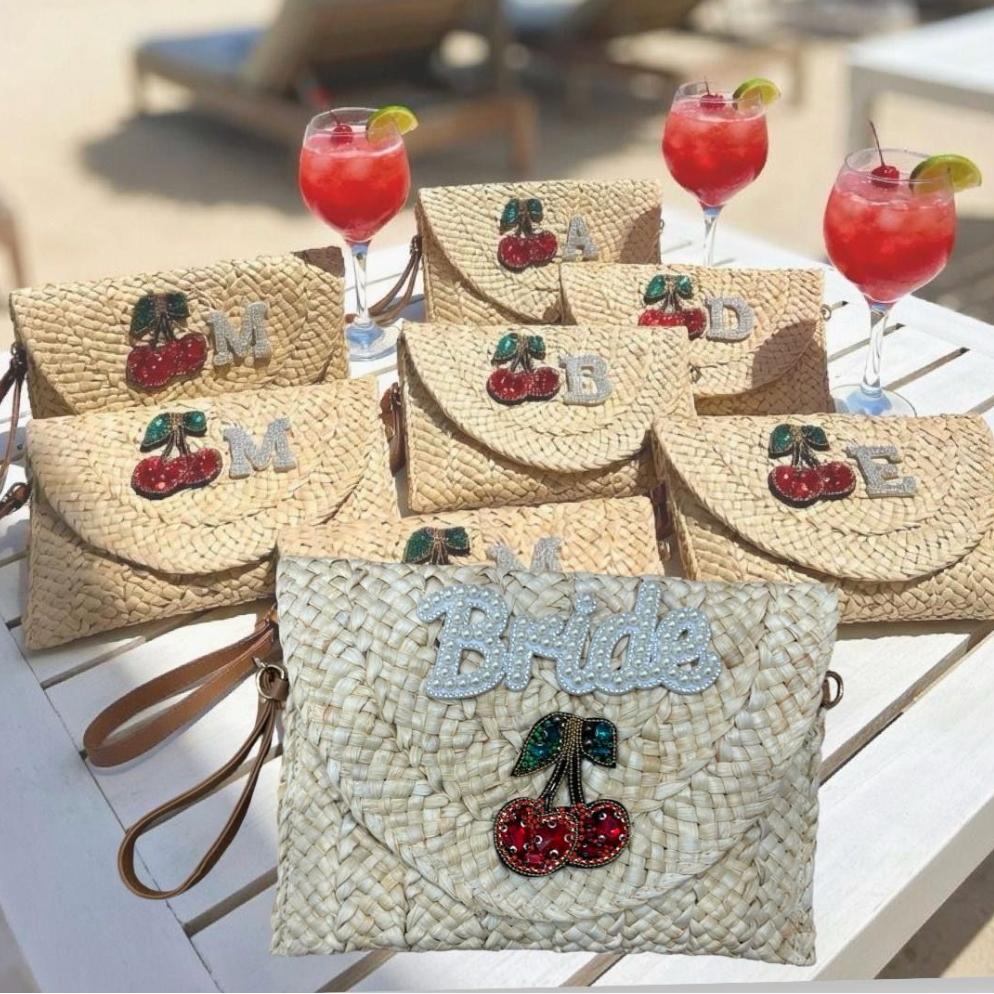 Personalised Straw Embellished Bride Hen Do Honeymoon Beach Clutch Beaded