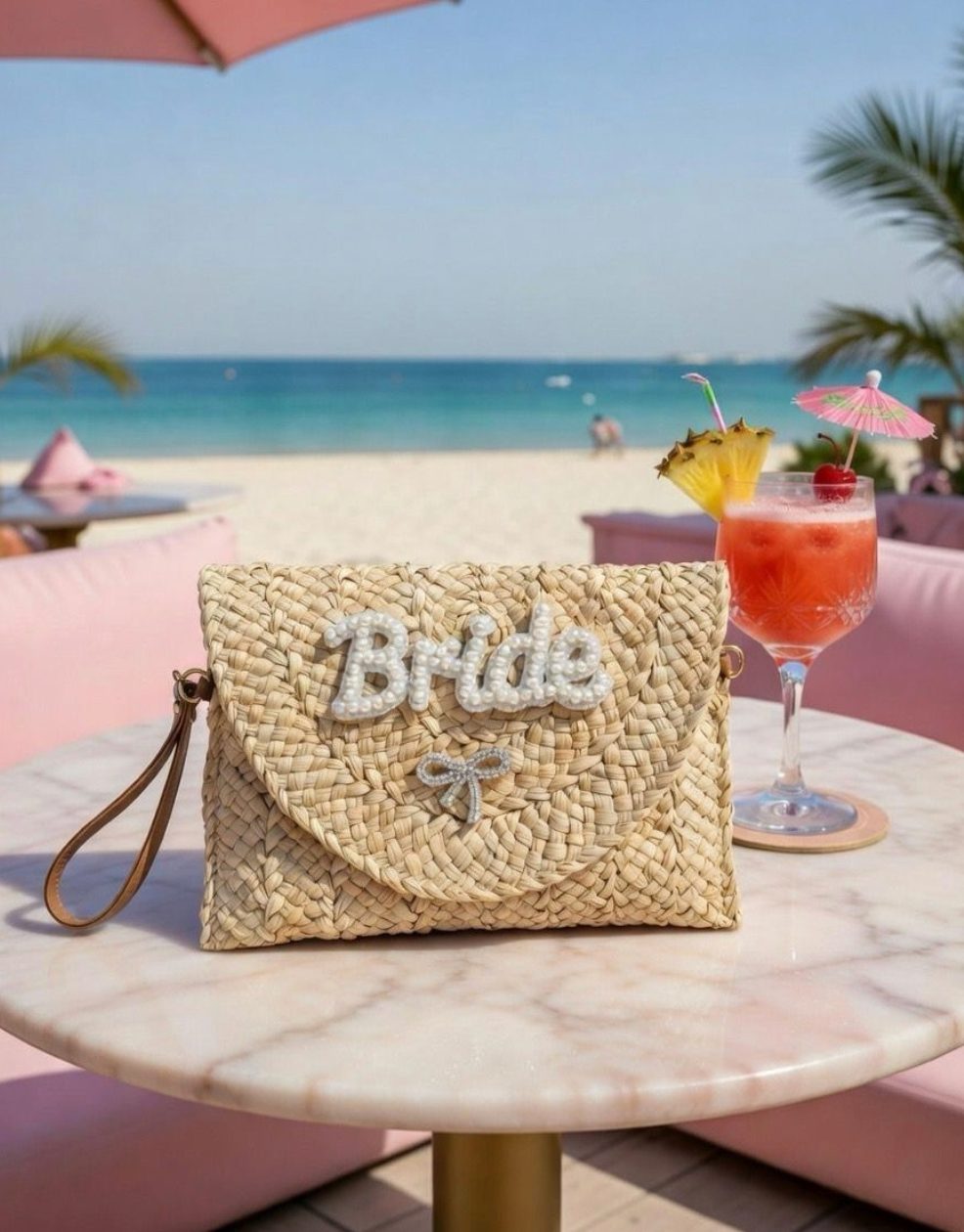 Personalised Straw Embellished Bride Hen Do Honeymoon Beach Clutch Beaded