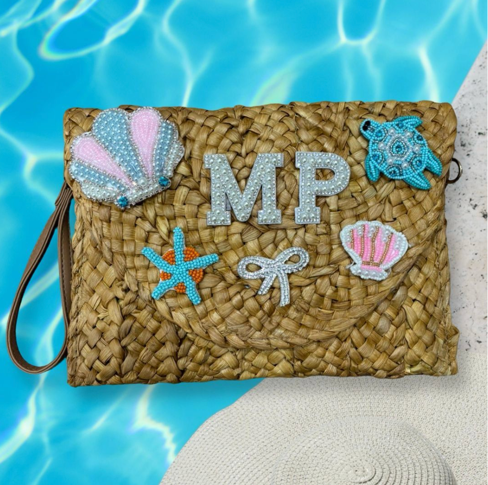 Personalised Straw Embellished Beach Clutch Girls Trip Friends